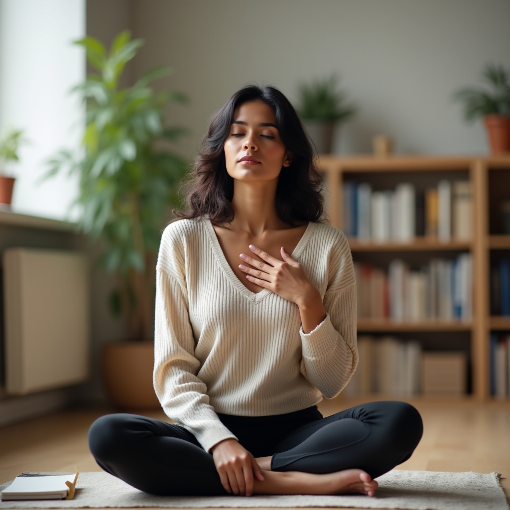 Person seated in quiet reflection, focusing on body awareness