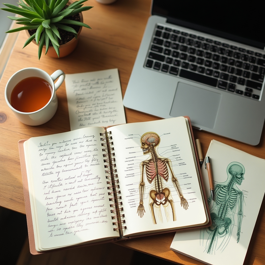 Open notebooks, a laptop, and course materials on a wooden desk with warm light