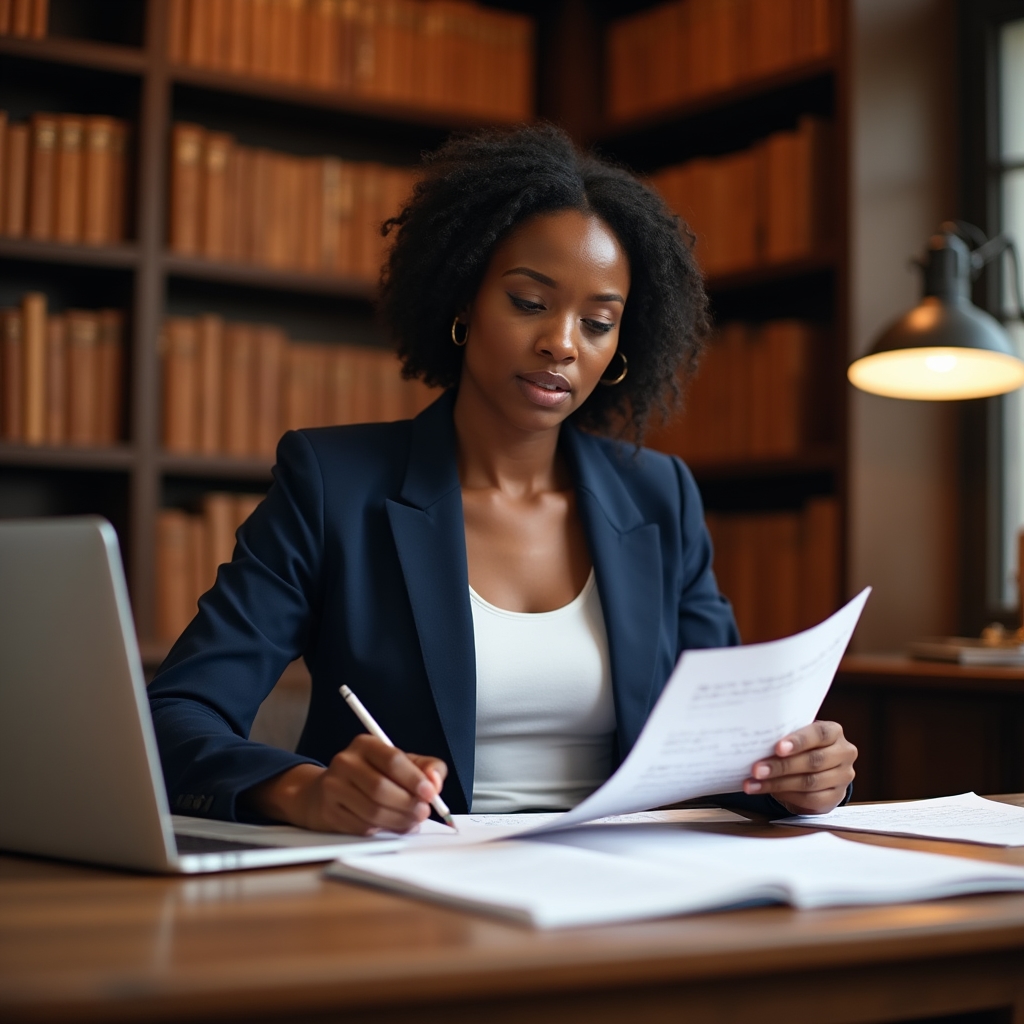 Educator reviewing course materials at a desk with natural light and books in background